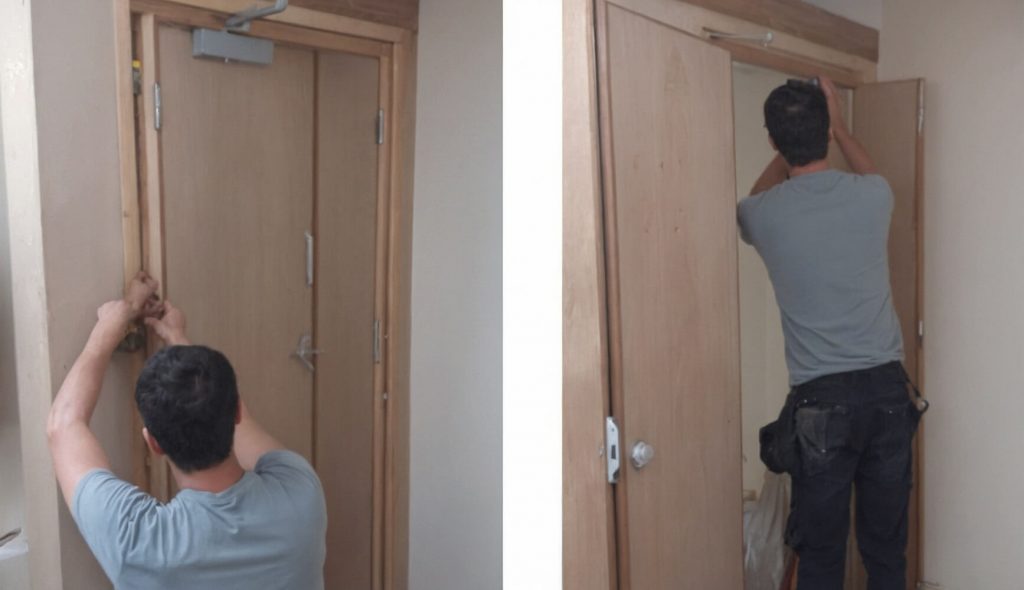 Two images side by side of a man installing a timber fire door. On the left, he is measuring the door frame with a tape measure, and on the right, he is working on the top part of the door frame. He is wearing casual clothing and a tool belt, in an indoor setting with a partially installed fire door featuring visible hinges and a door closer mechanism