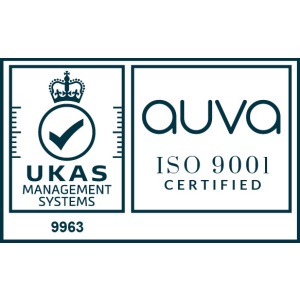 An emblem featuring two adjacent squares with a dual certification logo. On the left, a UKAS (United Kingdom Accreditation Service) Management Systems logo with a checkmark, a crown on top, and the number 9963. On the right, the text 'auva ISO 9001 CERTIFIED' signifies the company's compliance with ISO 9001 quality management standards.